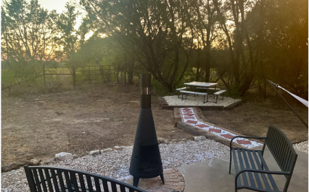 picnic table and chiminea fire pit